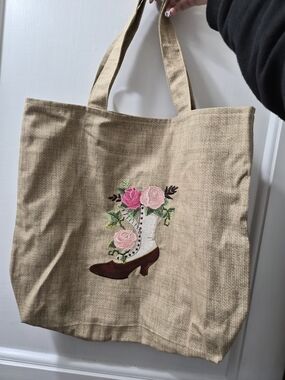 Handmade Embroidered Floral Boot Canvas Tote Bag - Beige